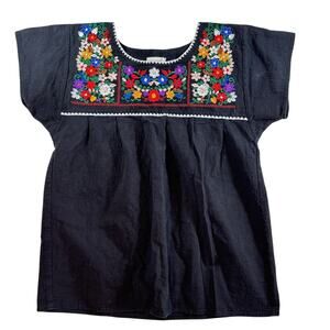 YZXDORWJ Floral Embroidery Shirt Womens Black Multicolor Mexican Blouse Size L